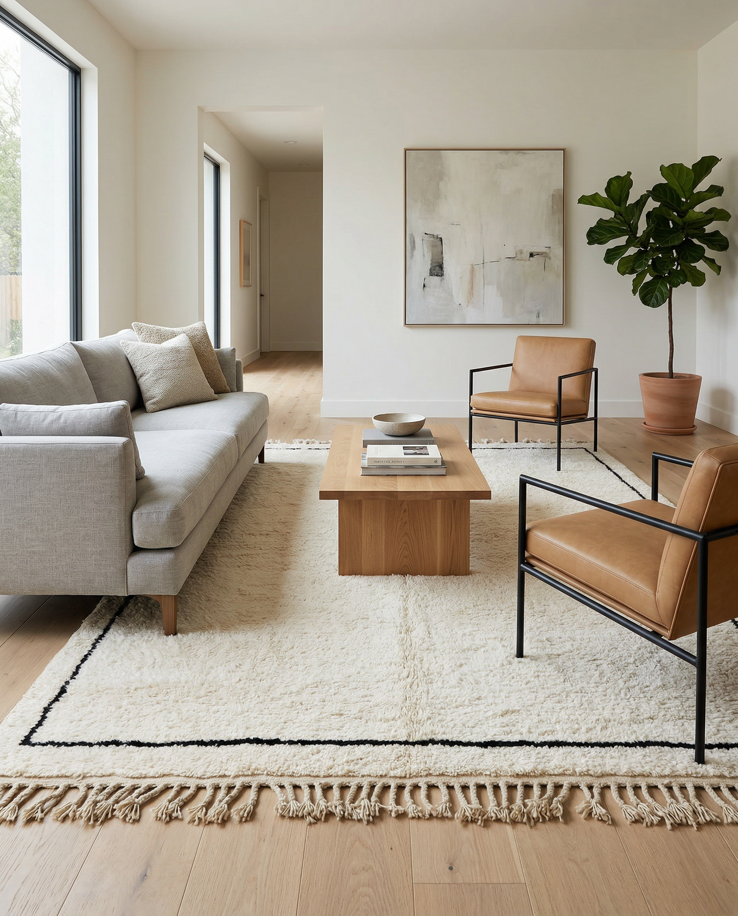 Plush ivory Beni Ourain Moroccan rug with a minimal black border in a bright studio setting with yellow textured walls, by NURA.