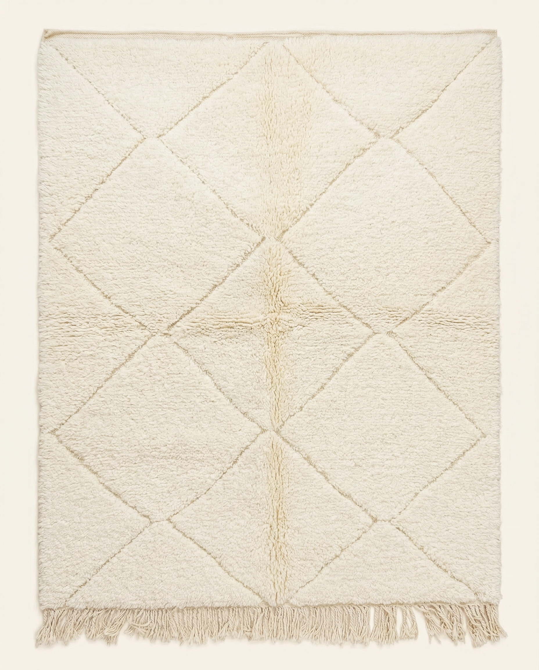 Plush cream Beni Ourain Moroccan rug with a large textured diamond lattice in undyed natural wool high pile, by NURA.