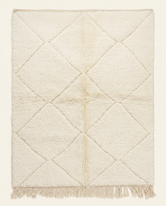 Plush cream Beni Ourain Moroccan rug with a large textured diamond lattice in undyed natural wool high pile, by NURA.