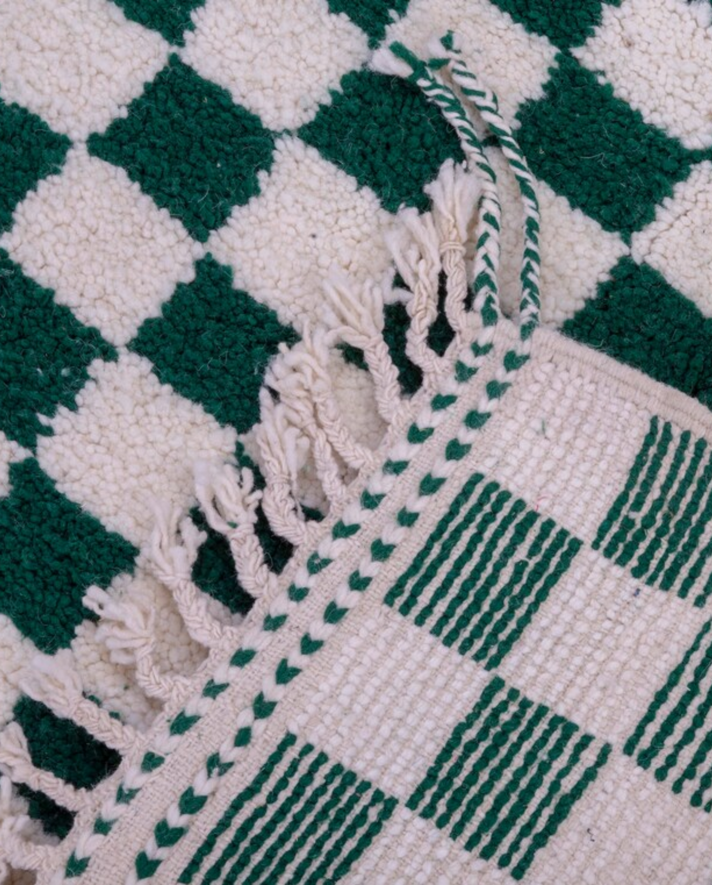 INSAF Beni Ourain green checker grid Moroccan rug back view showing traditional handwoven construction, by NURA