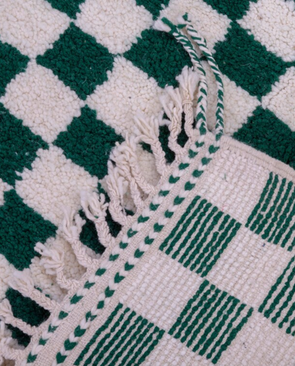 INSAF Beni Ourain green checker grid Moroccan rug back view showing traditional handwoven construction, by NURA