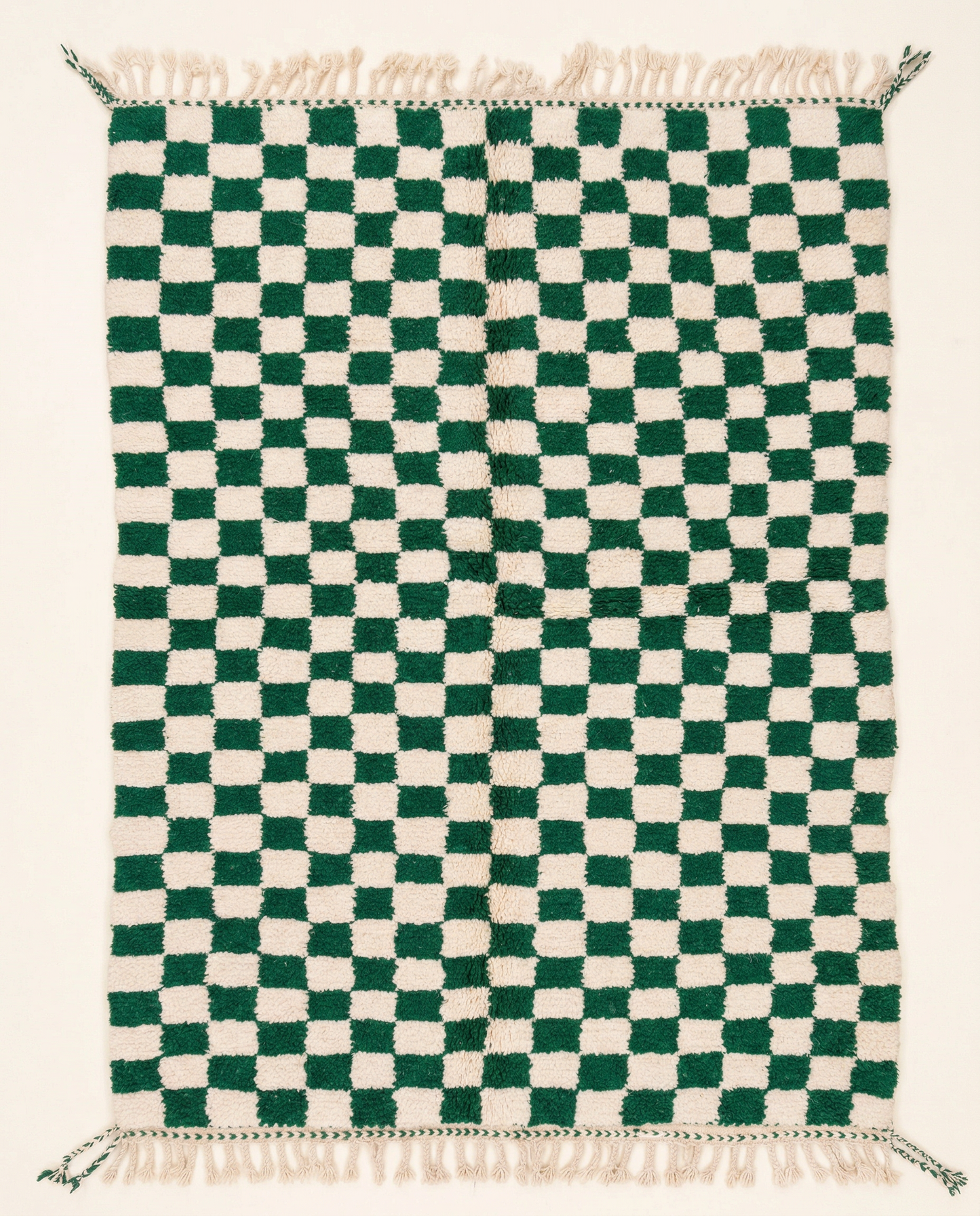Plush green and cream Beni Ourain Moroccan rug with a bold checker grid and high pile, by NURA.
