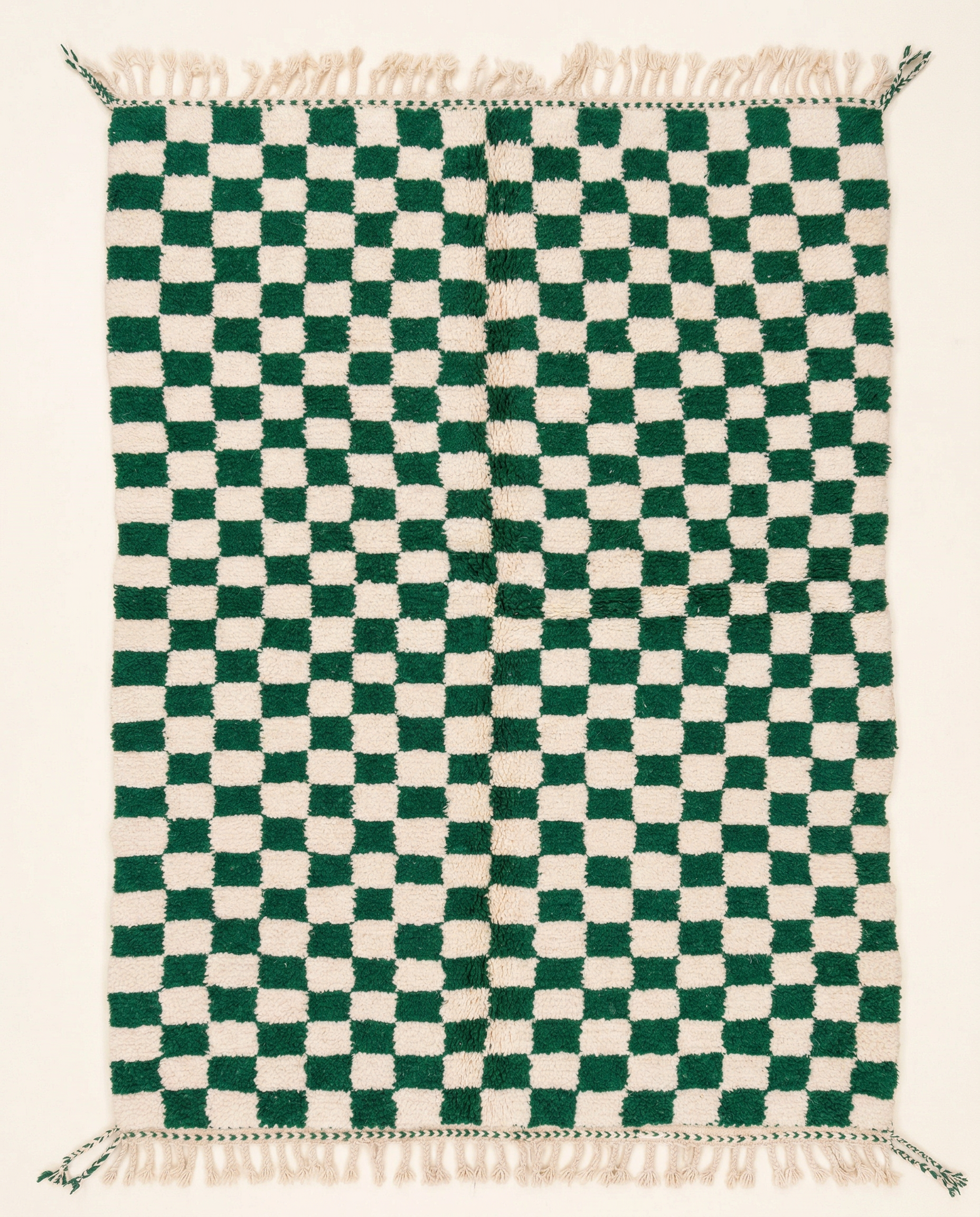 Plush green and cream Beni Ourain Moroccan rug with a bold checker grid and high pile, by NURA.