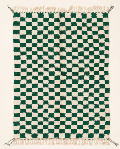 Plush green and cream Beni Ourain Moroccan rug with a bold checker grid and high pile, by NURA.
