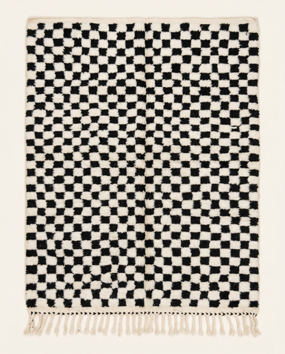 Plush ivory Beni Ourain Moroccan rug with a bold black checker grid and a natural wool high pile, by NURA.