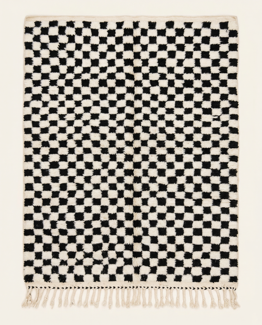 Plush ivory Beni Ourain Moroccan rug with a bold black checker grid and a natural wool high pile, by NURA.