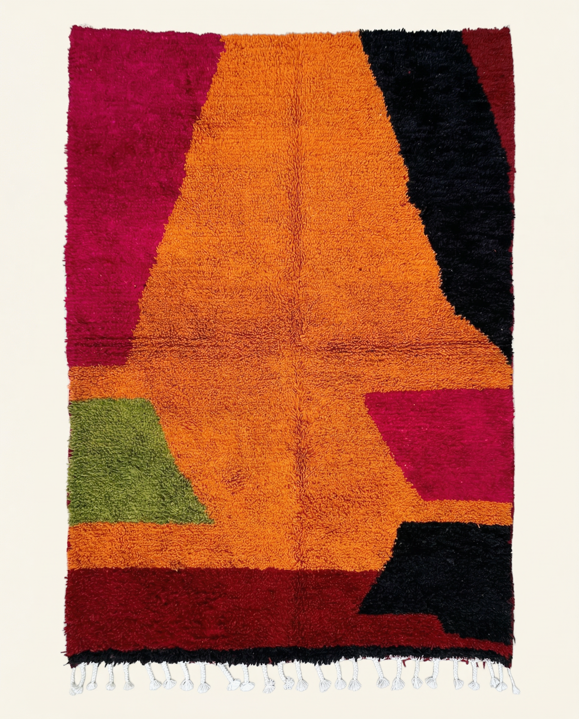 Plush Azilal Moroccan rug with bold abstract color blocks in vibrant orange, red, and black, by NURA.