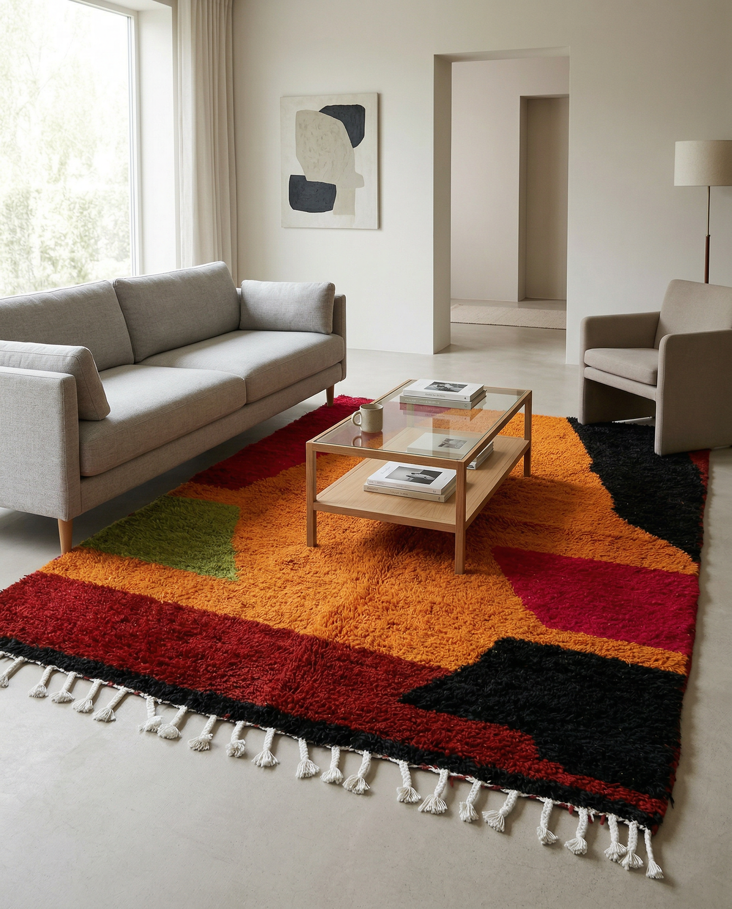 Bold abstract Azilal Moroccan rug in vibrant orange and red in a modern room with a green plant, by NURA.