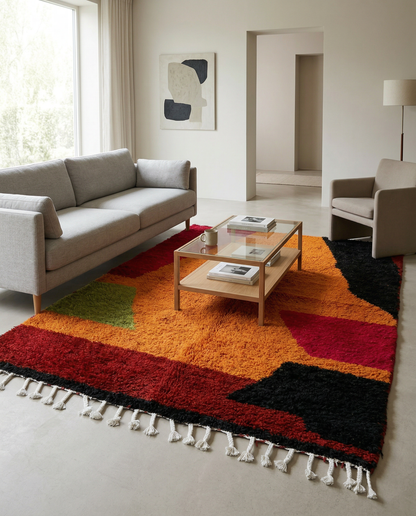Bold abstract Azilal Moroccan rug in vibrant orange and red in a modern room with a green plant, by NURA.