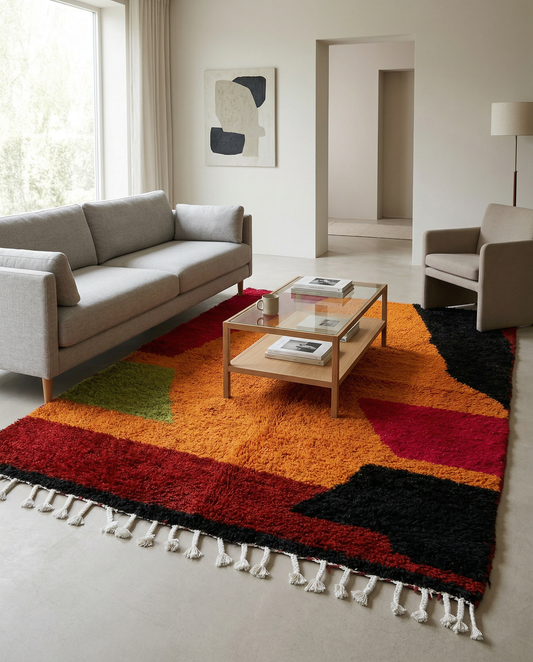 Bold abstract Azilal Moroccan rug in vibrant orange and red in a modern room with a green plant, by NURA.
