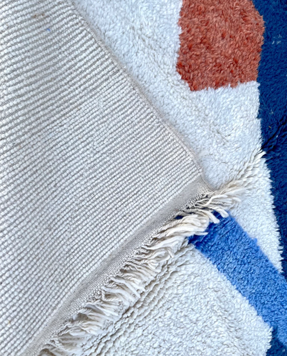 JIHANE Azilal cream abstract color block Moroccan rug back view showing traditional handwoven construction, by NURA