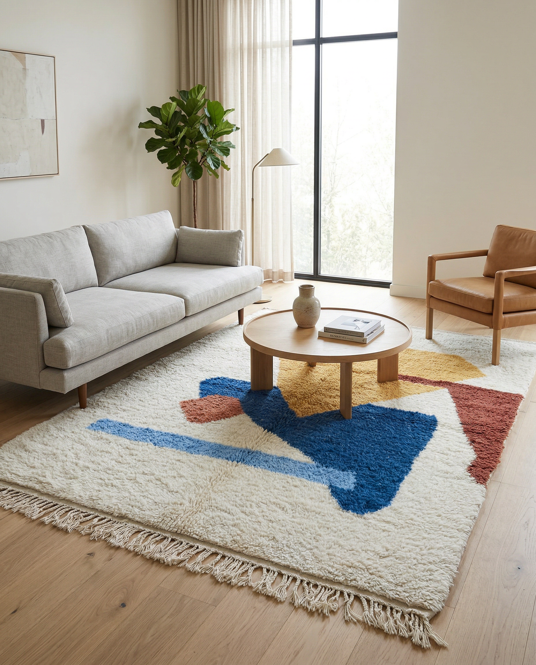 Bold abstract Azilal Moroccan rug with vivid color blocks in a bright, minimalist room setting with rattan chairs, by NURA.