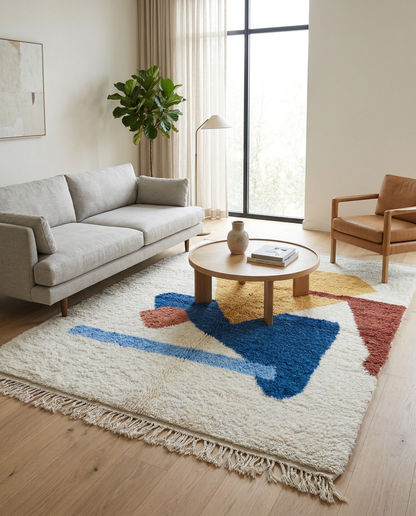 Bold abstract Azilal Moroccan rug with vivid color blocks in a bright, minimalist room setting with rattan chairs, by NURA.