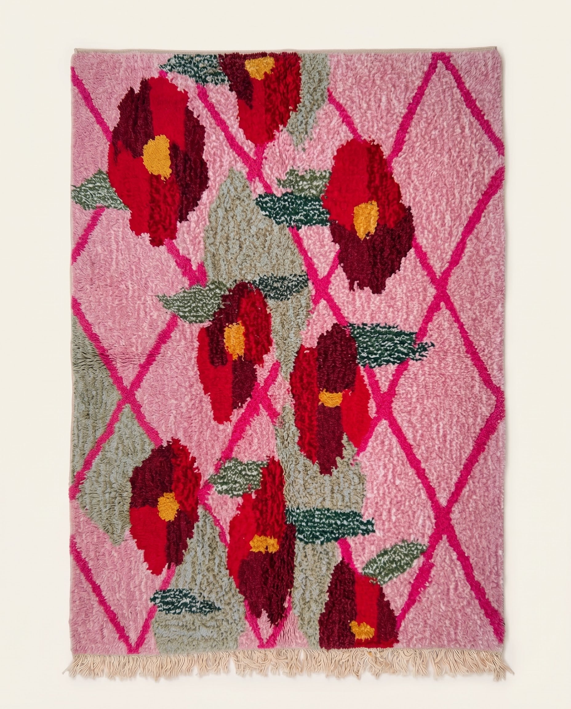 Vibrant pink Moroccan Boujad rug featuring a bright magenta diamond lattice and large red floral motifs by NURA.
