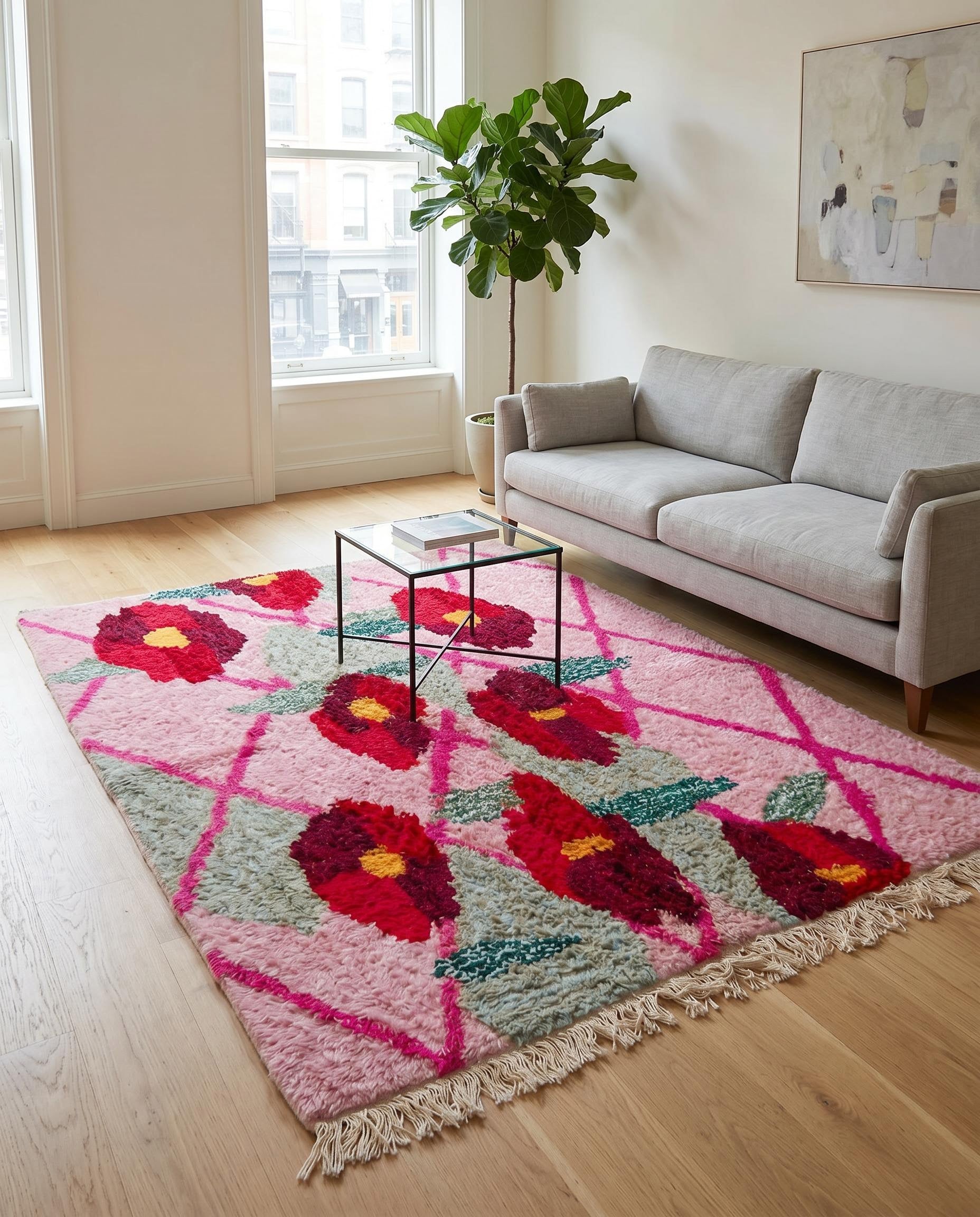 A plush pink Moroccan floral rug by NURA anchors a bright living room, adding a bold pop of color and cozy texture.