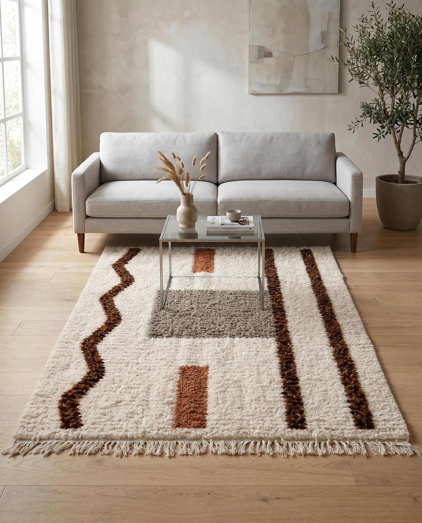A plush abstract Beni Ourain Moroccan rug with brown and grey geometric forms styled in a modern living room setting by NURA.