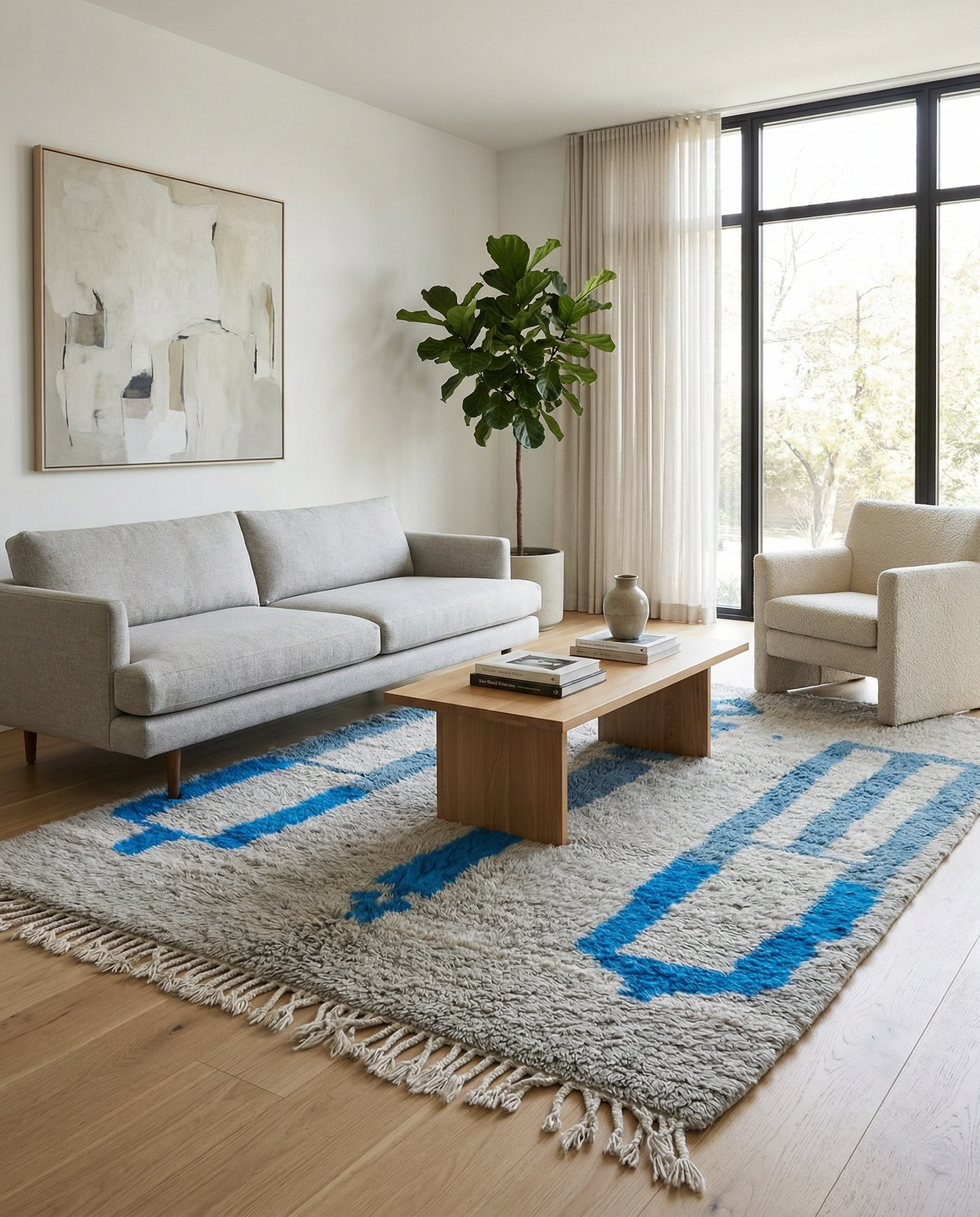 Silver-grey and cobalt blue abstract Moroccan rug in a bright, minimalist room setting with natural wood accents, by NURA.