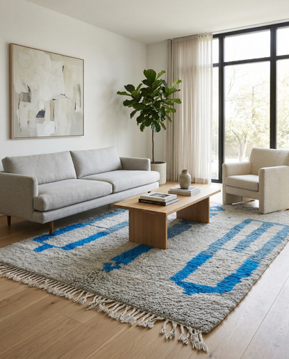 Silver-grey and cobalt blue abstract Moroccan rug in a bright, minimalist room setting with natural wood accents, by NURA.
