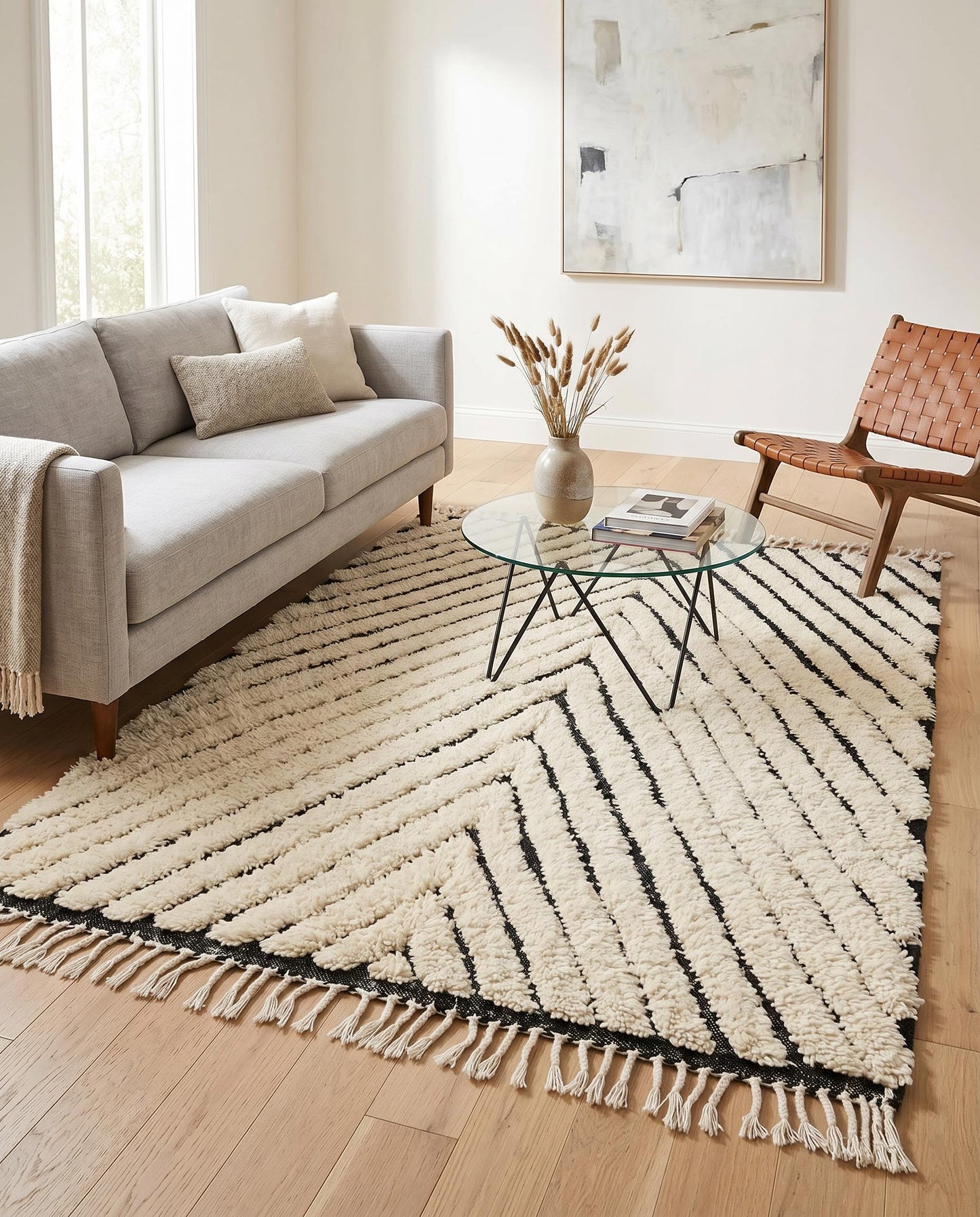 A modern cream and black chevron Moroccan rug by NURA, styled in a minimalist living room with a woven leather accent chair.