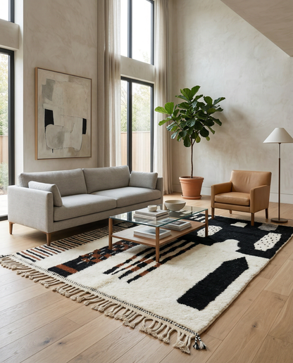 Bold black and ivory abstract Moroccan rug in a bright, minimalist room setting with brass lanterns, by NURA.