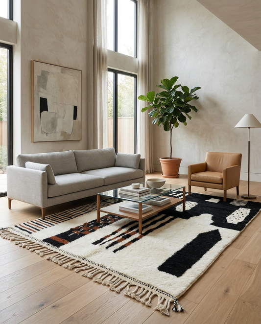 Bold black and ivory abstract Moroccan rug in a bright, minimalist room setting with brass lanterns, by NURA.