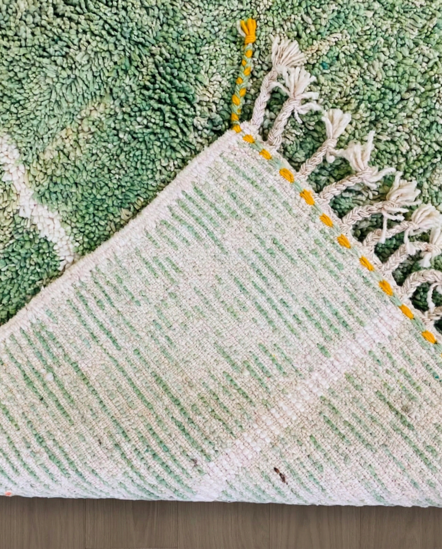 KHADIJA Beni Ourain sage abstract color block Moroccan rug back view showing traditional handwoven construction, by NURA
