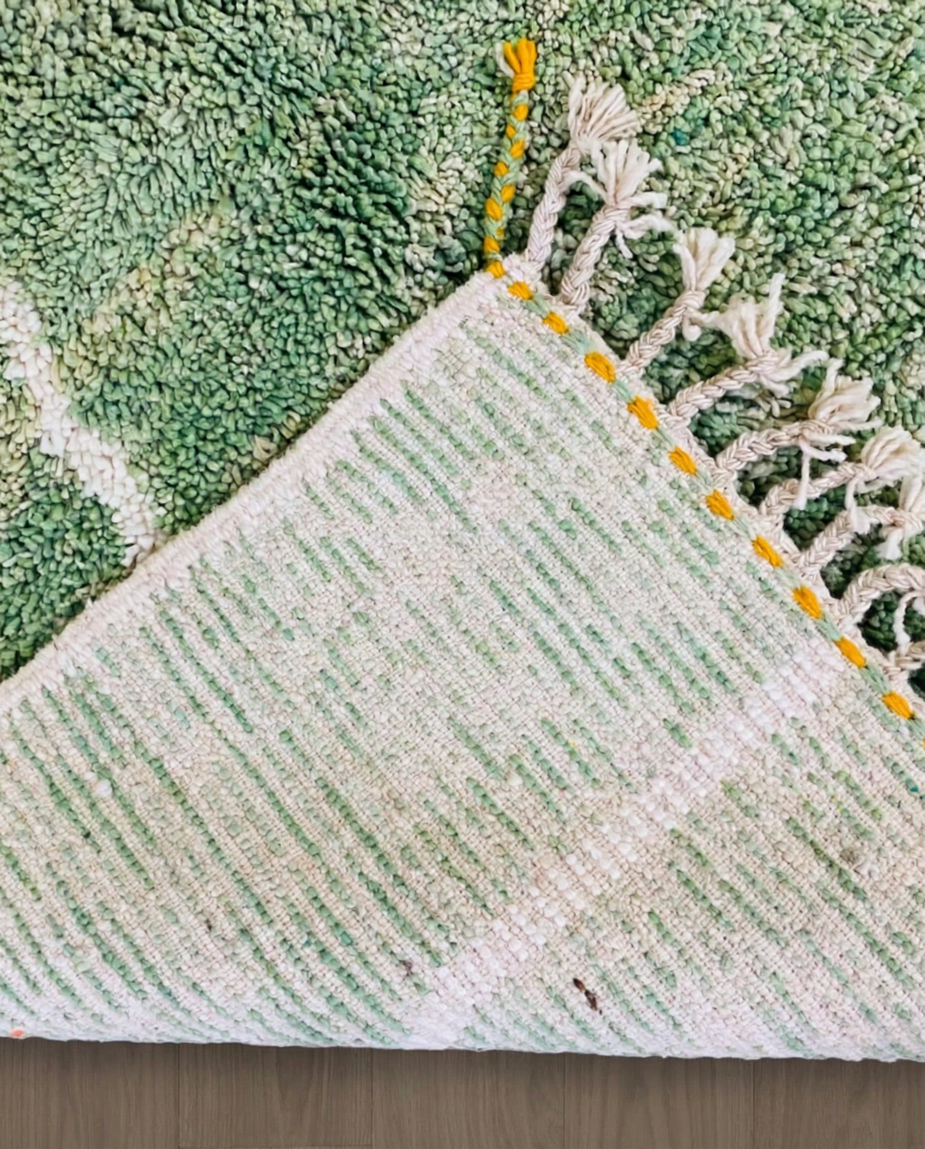 KHADIJA Beni Ourain sage abstract color block Moroccan rug back view showing traditional handwoven construction, by NURA