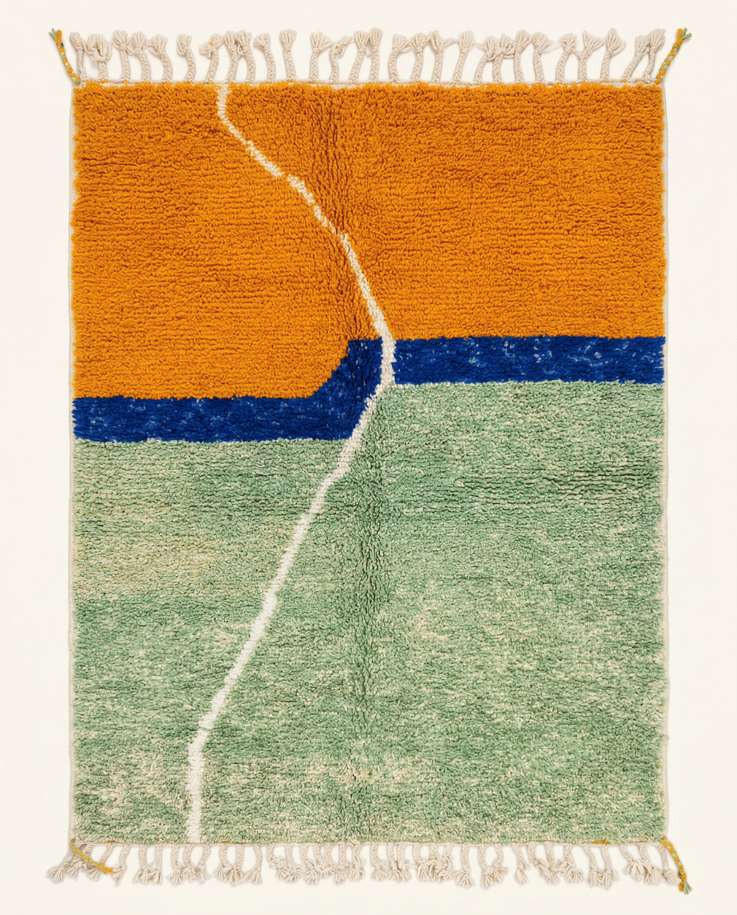 Plush sage green and orange Beni Ourain Moroccan rug with a bold cobalt blue band and abstract white lines, by NURA.