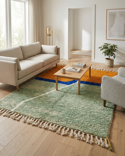 Bold abstract color block Moroccan rug in green, orange, and cobalt blue in a bright modern space with a potted plant, by NURA.