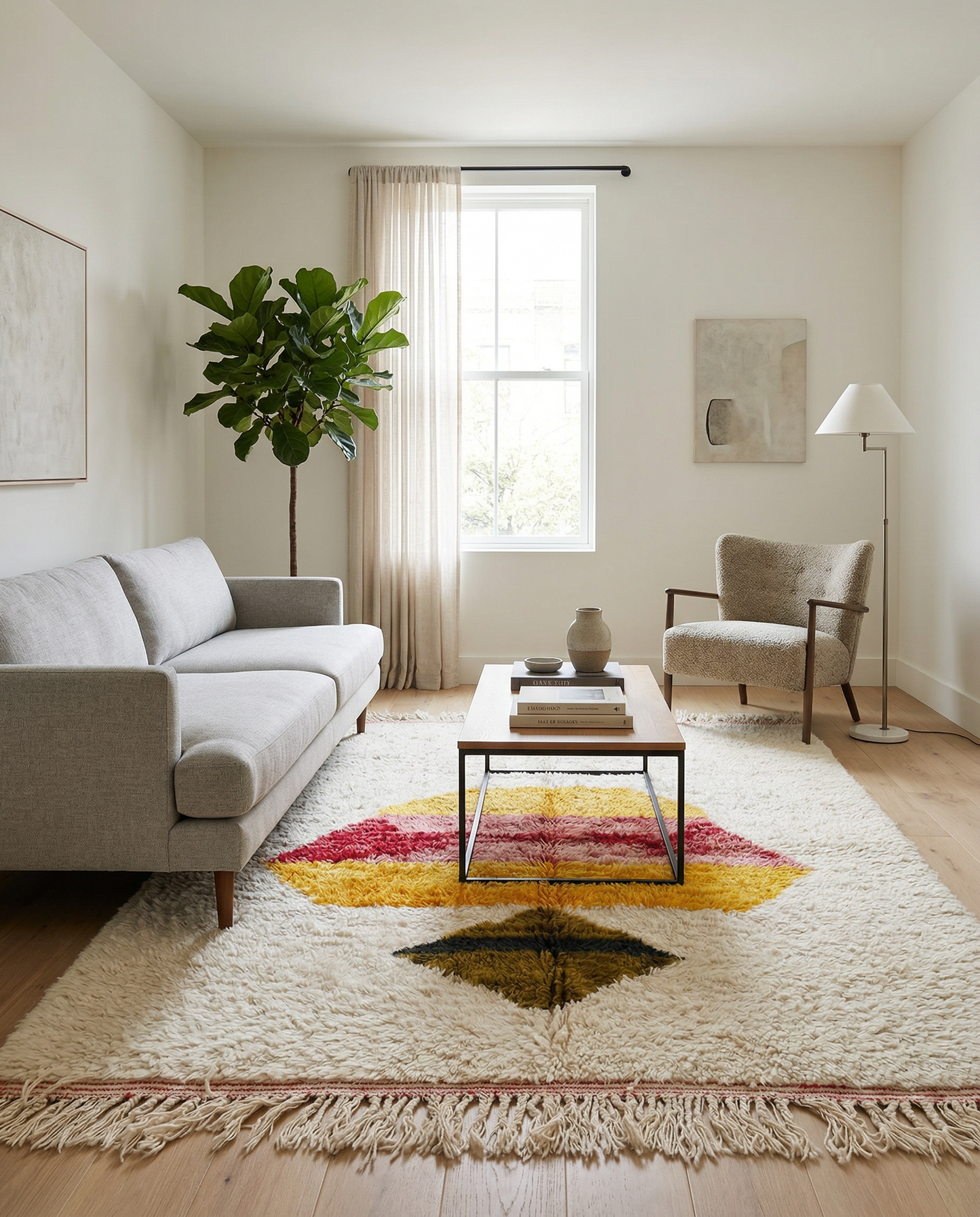 Plush ivory Azilal Moroccan rug with a vibrant central geometric motif in a bright, airy room with rattan chairs, by NURA.