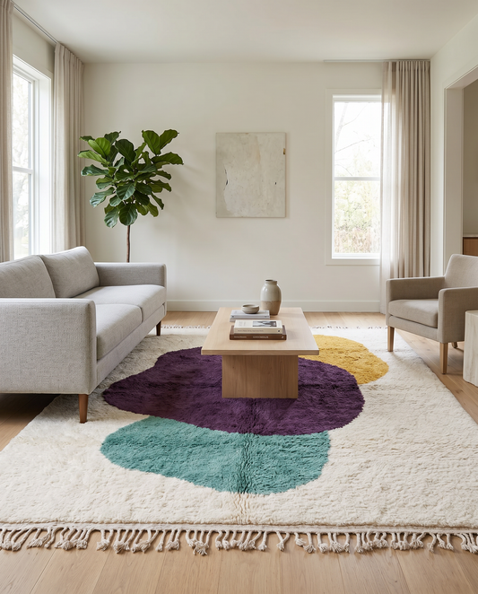 Styled in a modern living room, this plush cream Moroccan rug by NURA showcases bold abstract shapes in plum, mustard, and teal.
