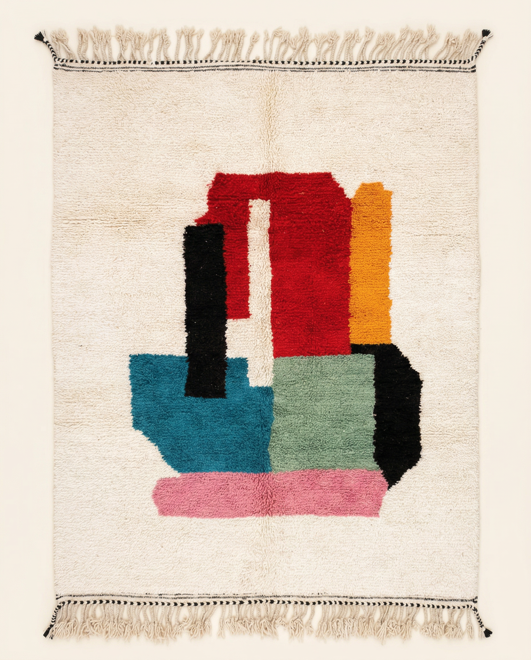 Plush ivory Azilal Moroccan rug with a bold abstract color block design in cobalt, crimson, and mint, by NURA.