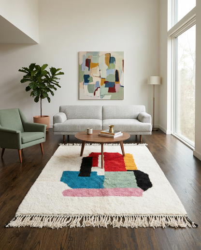 Bold abstract color block Moroccan rug in a bright modern space with a green potted plant, by NURA.