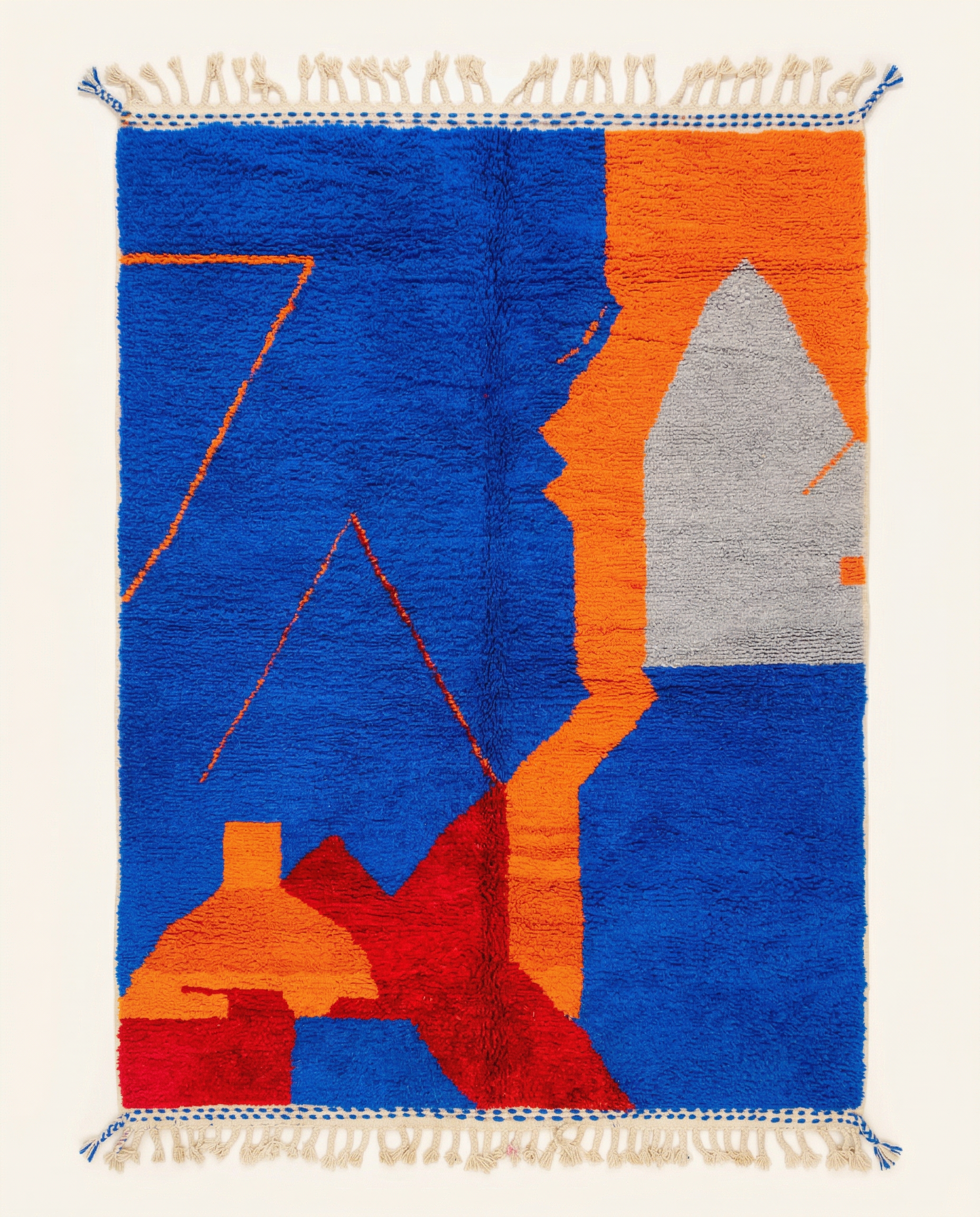 Plush cobalt blue Beni Ourain Moroccan rug with bold abstract color blocks in orange and red, by NURA.