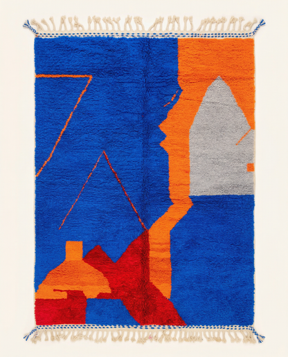 Plush cobalt blue Beni Ourain Moroccan rug with bold abstract color blocks in orange and red, by NURA.