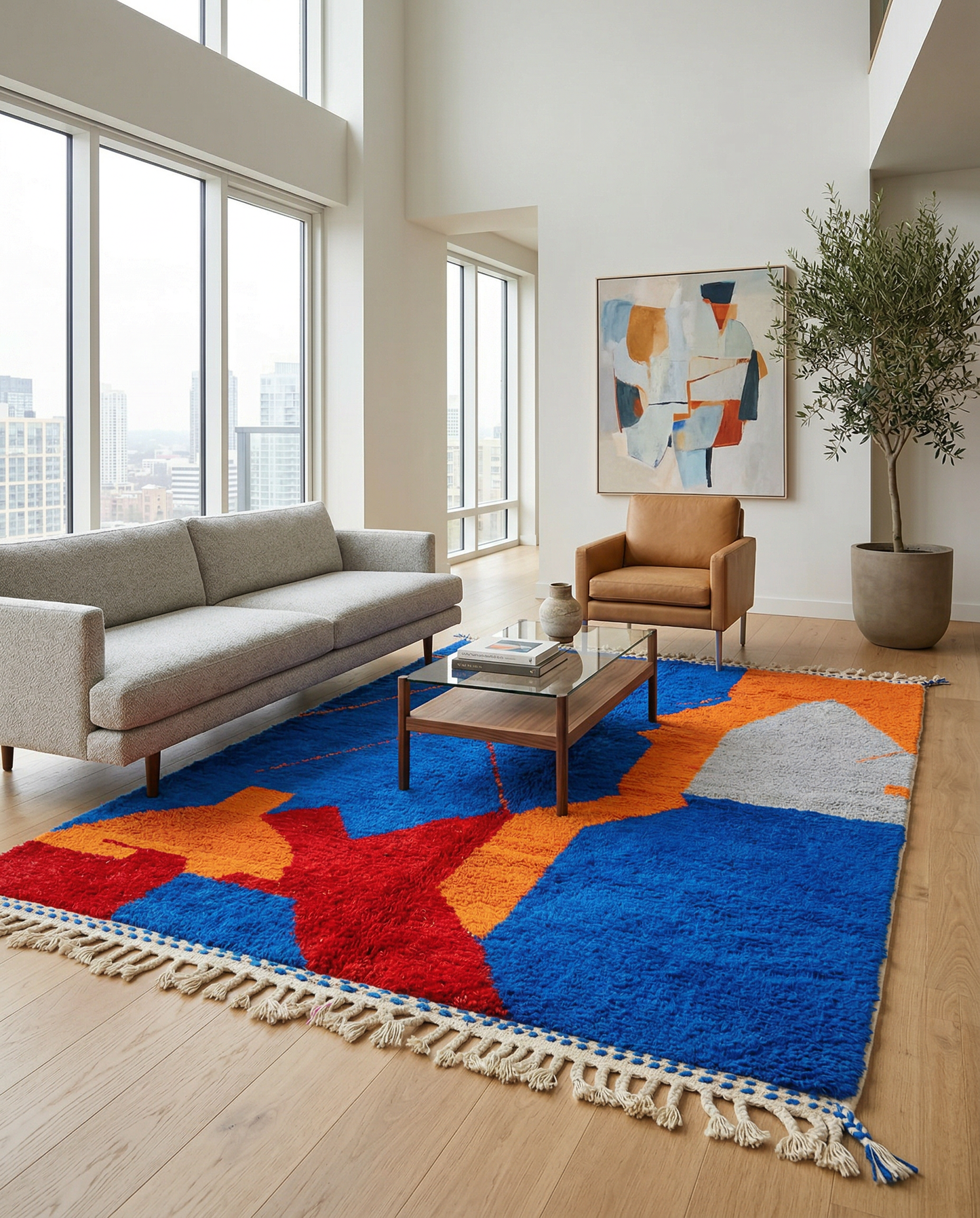 Cobalt blue abstract Moroccan rug with bold color blocks in a bright contemporary space, by NURA.