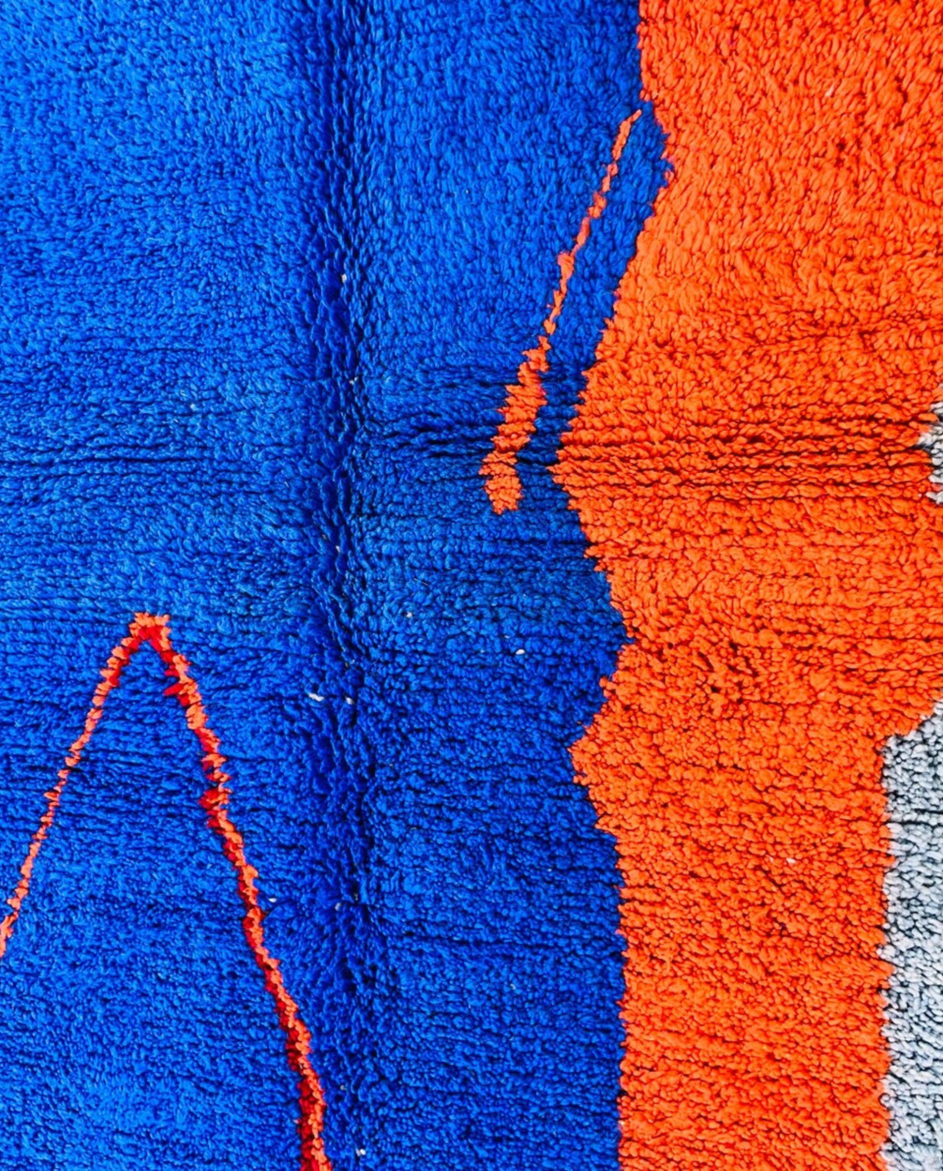LANA Beni Ourain cobalt abstract color block Moroccan rug close-up showing hand-knotted wool texture and pile detail 2, by NURA