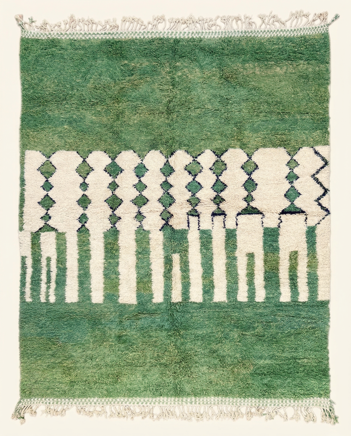 Plush green and cream Beni Ourain Moroccan rug with an asymmetrical diamond lattice and thick braided fringe, by NURA.