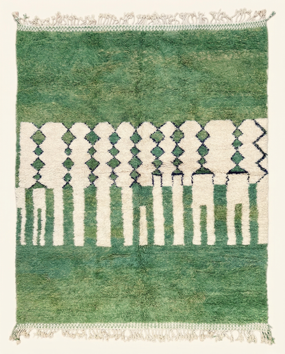 Plush green and cream Beni Ourain Moroccan rug with an asymmetrical diamond lattice and thick braided fringe, by NURA.