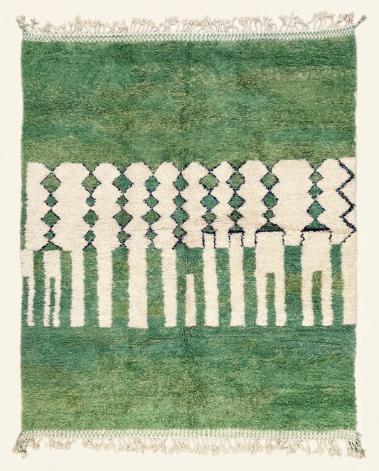 Plush green and cream Beni Ourain Moroccan rug with an asymmetrical diamond lattice and thick braided fringe, by NURA.