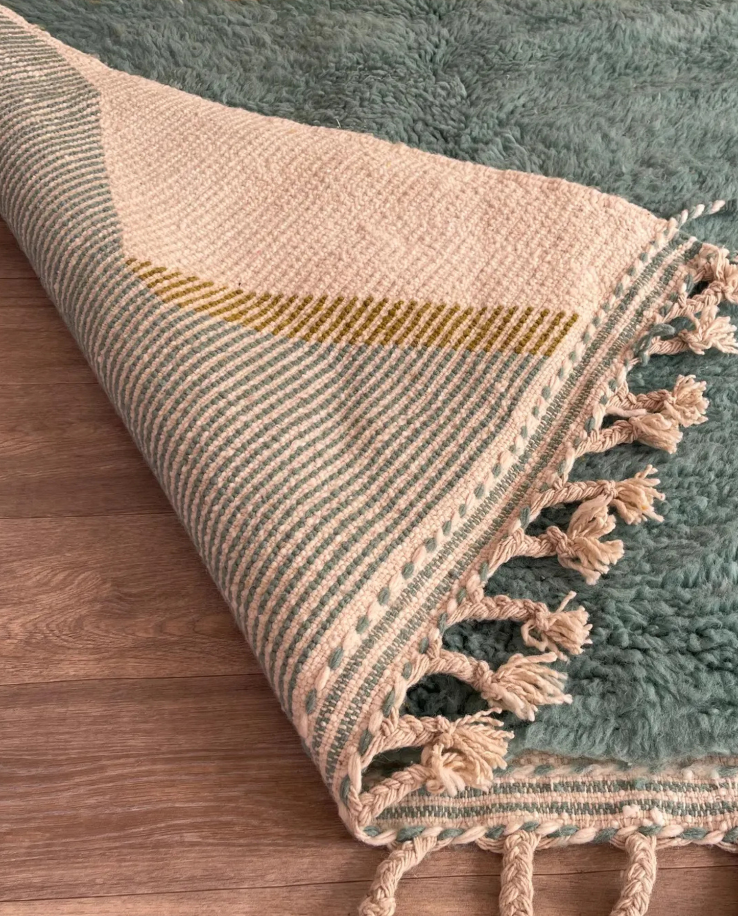 LEILA Boujad muted teal abstract color block Moroccan rug back view showing traditional handwoven construction, by NURA