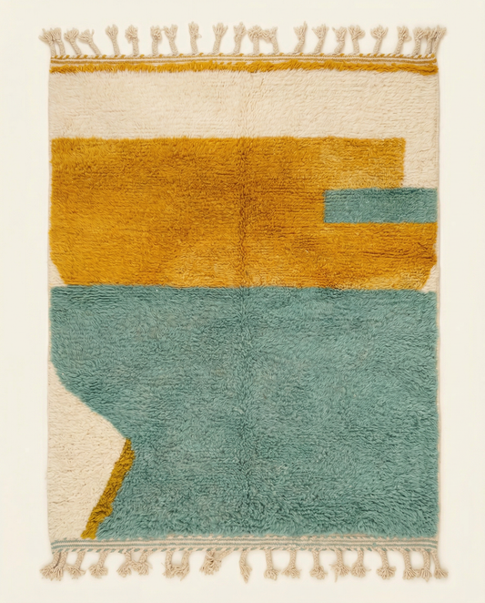 Plush muted teal and mustard Boujad Moroccan rug with an abstract color block design and braided fringe, by NURA.