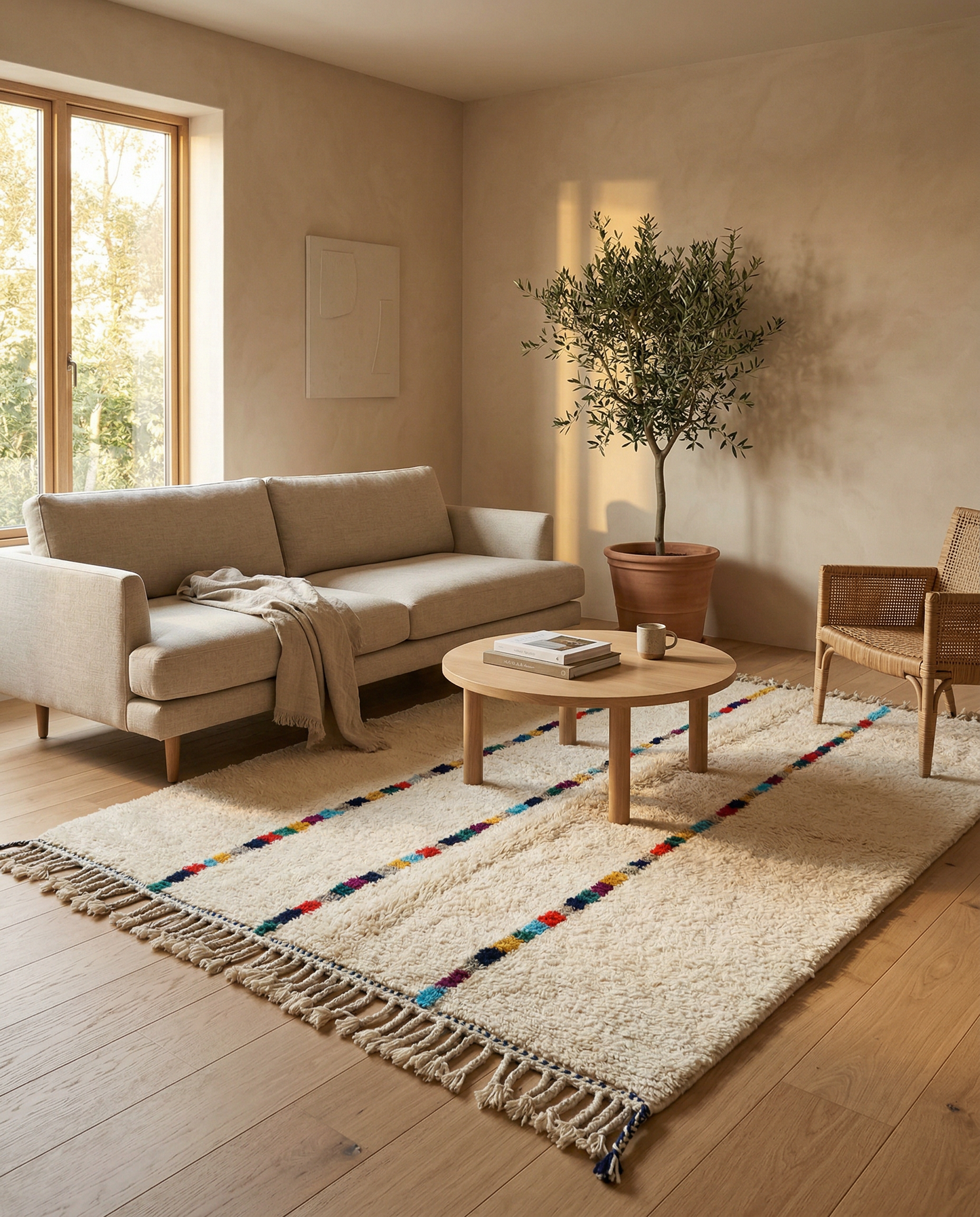 Cream Azilal Moroccan rug with colorful vertical stripes in a bright modern room with a potted plant, by NURA.