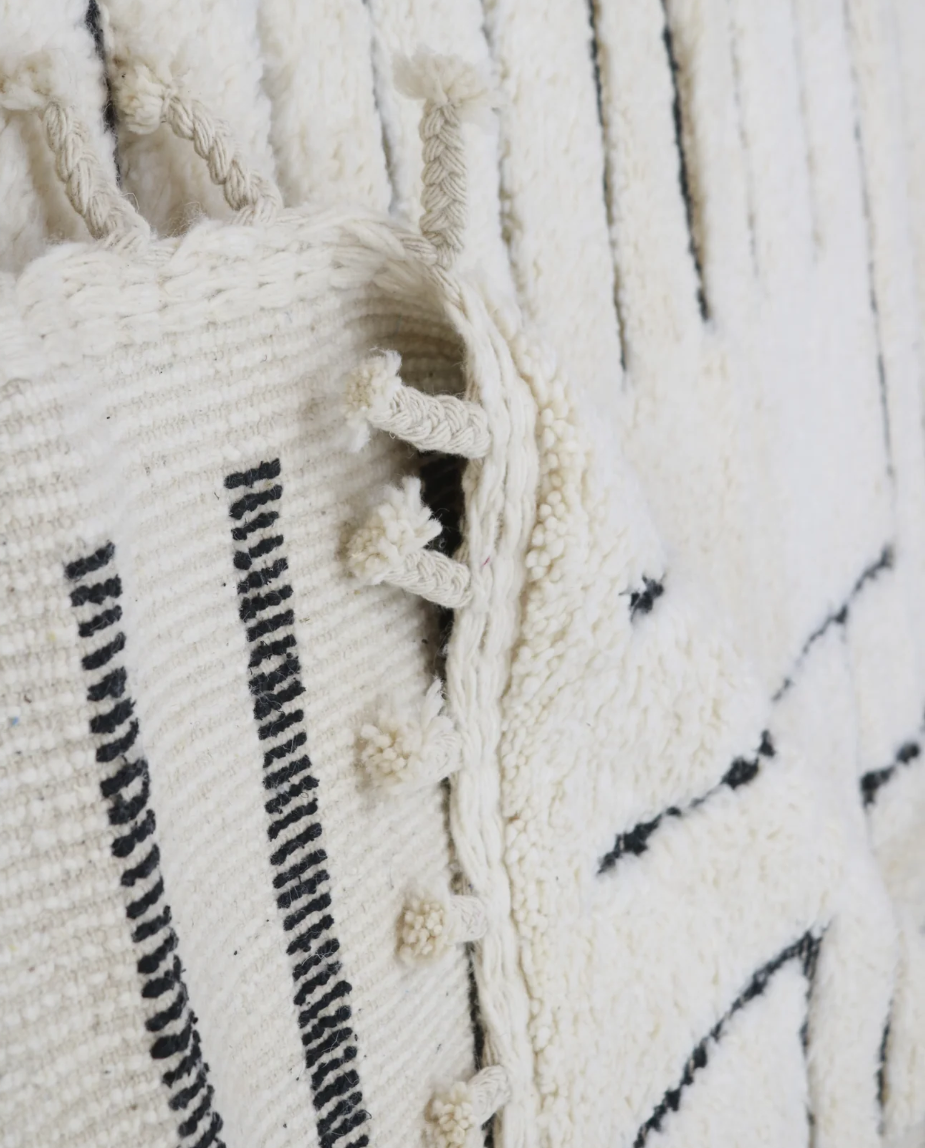 LILLA Beni Ourain cream maze motif Moroccan rug back view showing traditional handwoven construction, by NURA