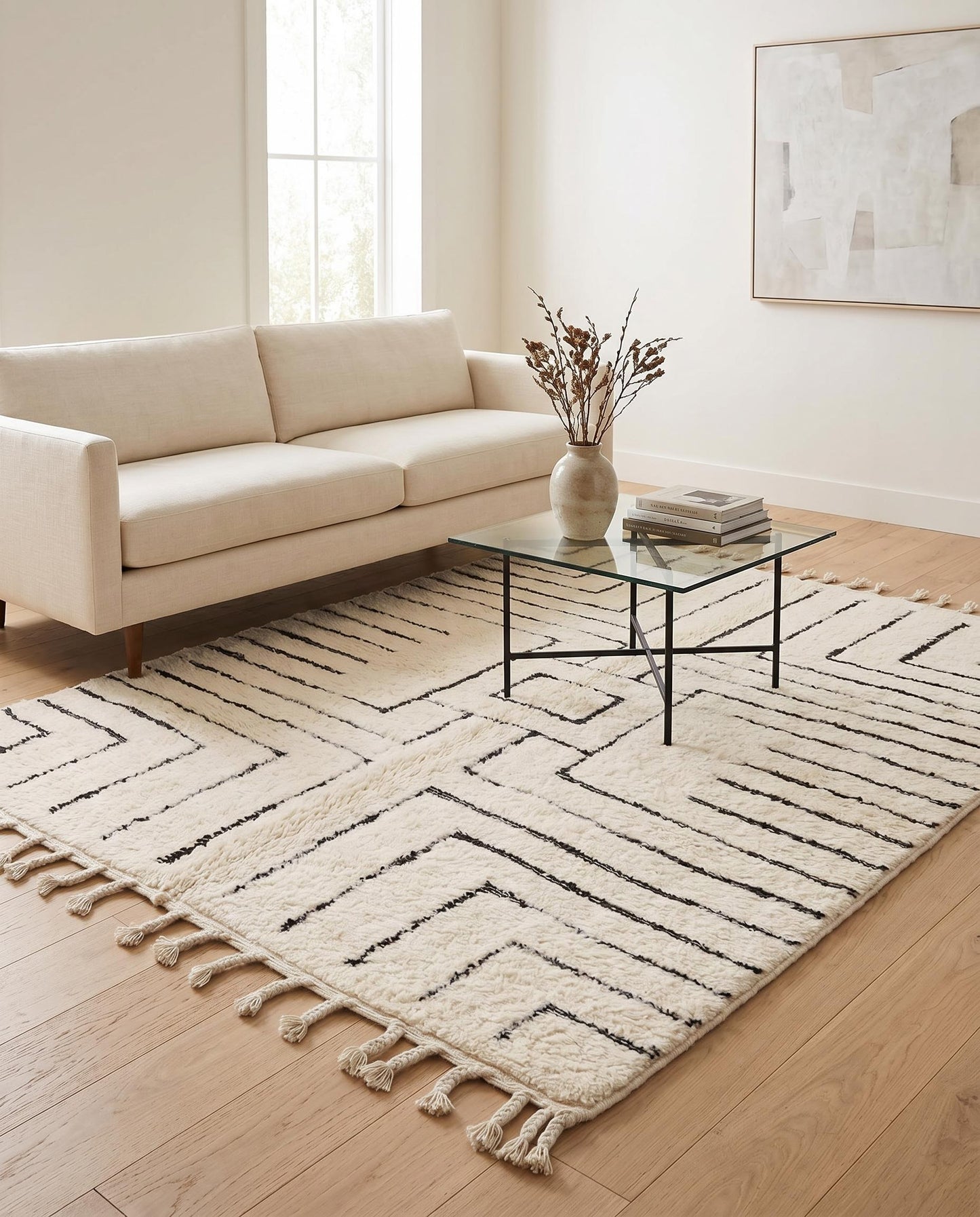 A modern cream and black Beni Ourain Moroccan rug by NURA styled in a bright living room with a woven leather chair.
