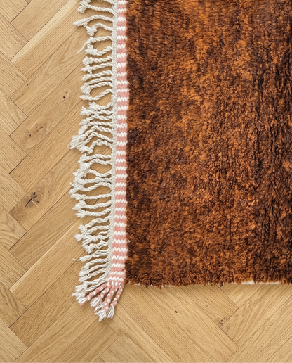 LINA Azilal ivory abstract color block Moroccan rug close-up of hand-tied fringe and kilim band detail, by NURA