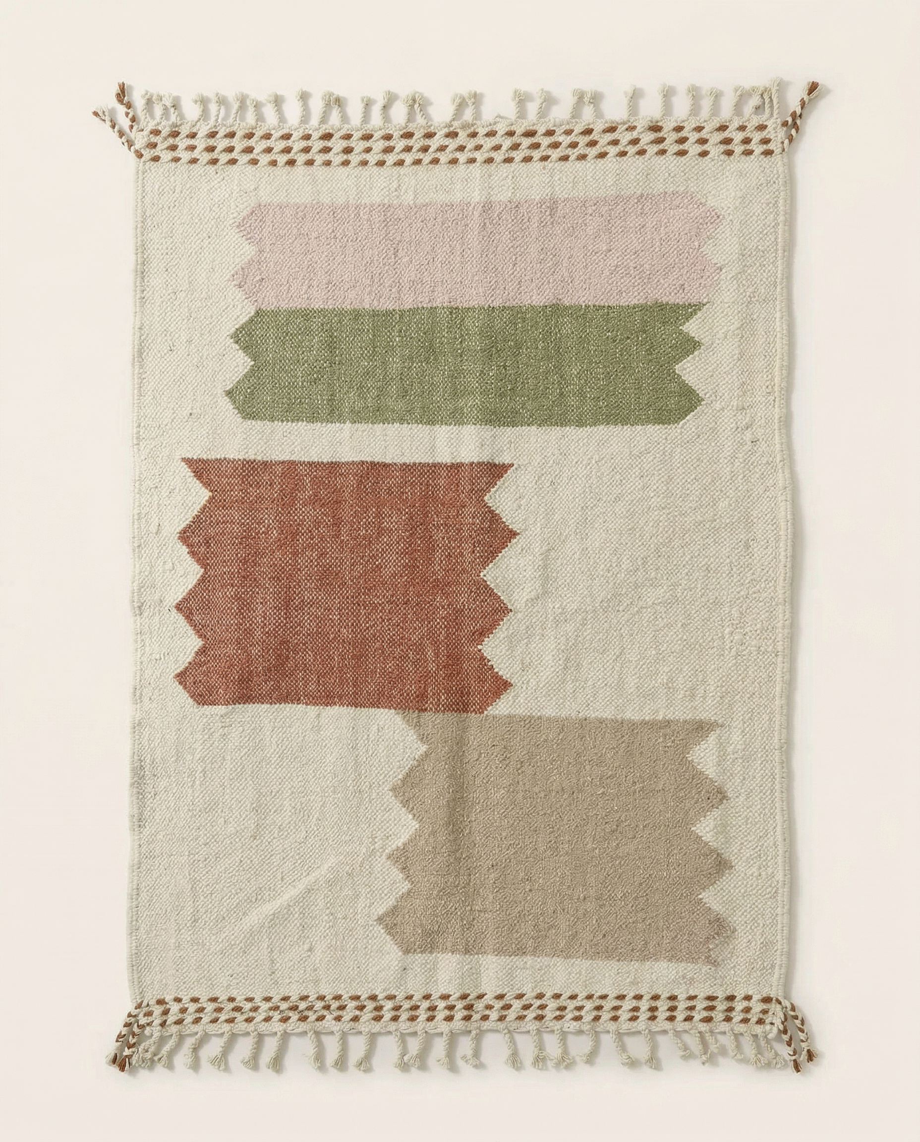 Flat-woven ivory Azilal Moroccan rug with large stepped color blocks in terracotta, sage, and blush, by NURA.