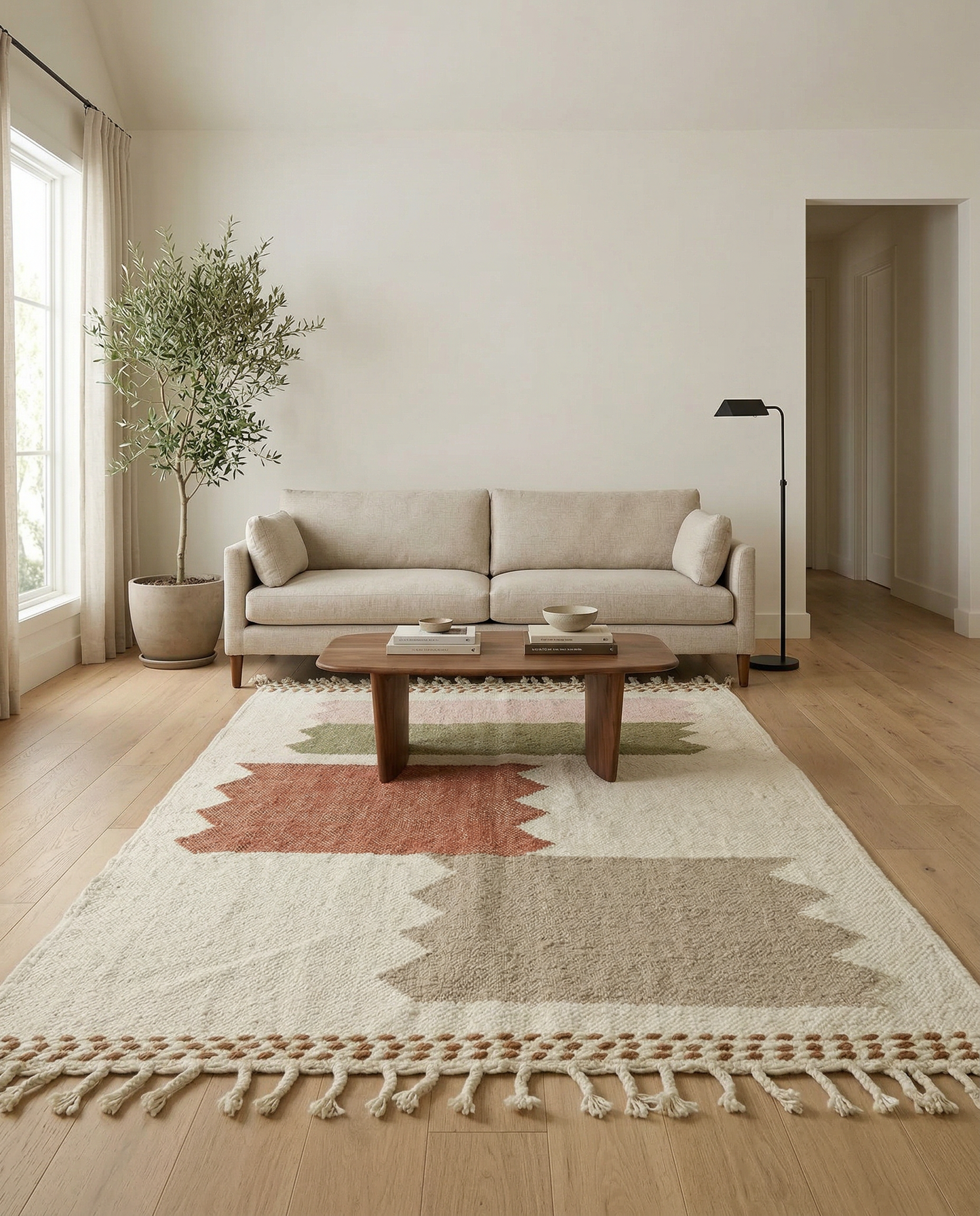 Flat-woven ivory Moroccan rug with modern stepped color blocks in a bright, minimalist living room with a light sofa, by NURA.
