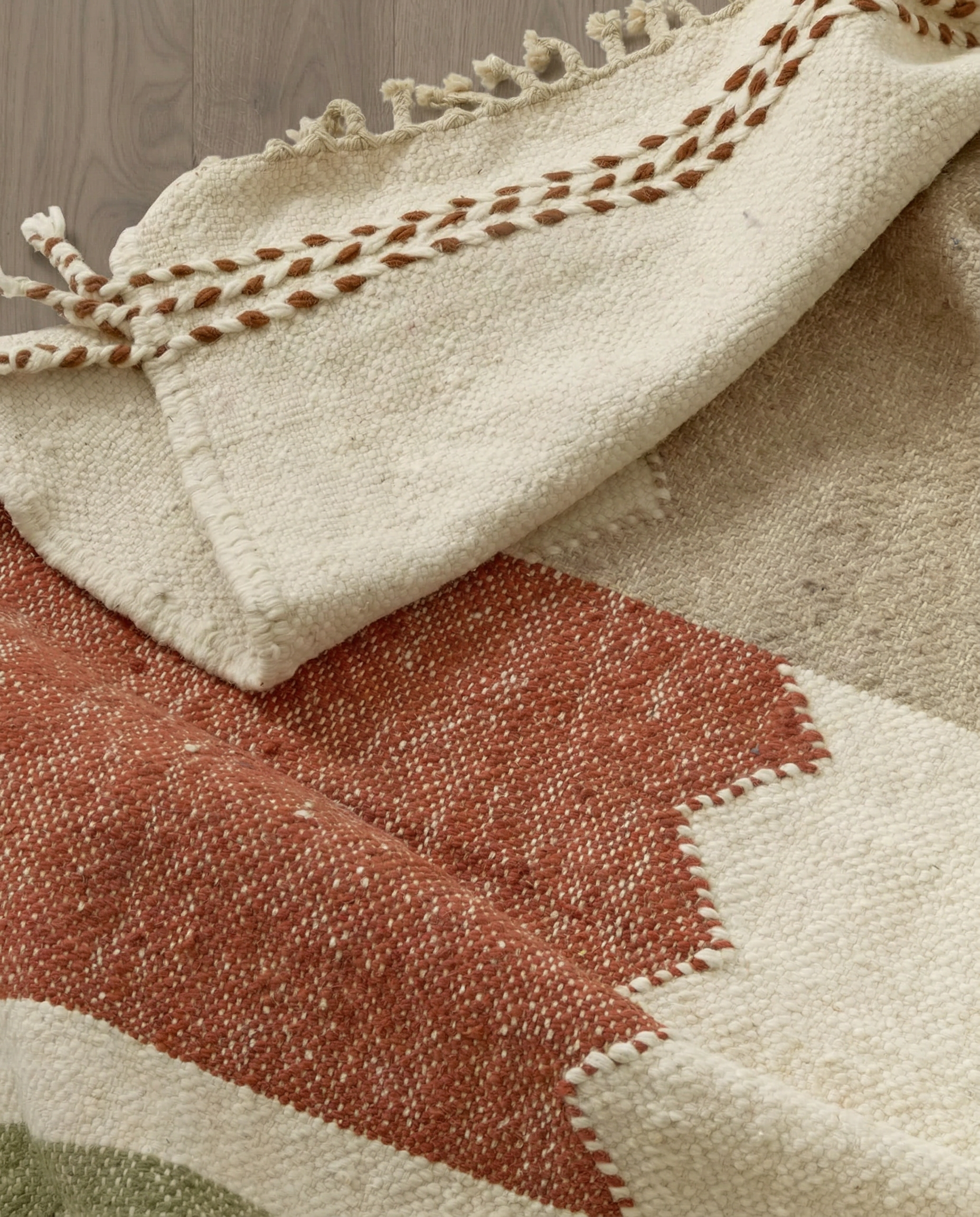 LOUBNA Azilal ivory stepped color blocks Moroccan rug close-up showing hand-knotted wool texture and pile detail, by NURA