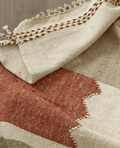 LOUBNA Azilal ivory stepped color blocks Moroccan rug close-up showing hand-knotted wool texture and pile detail, by NURA